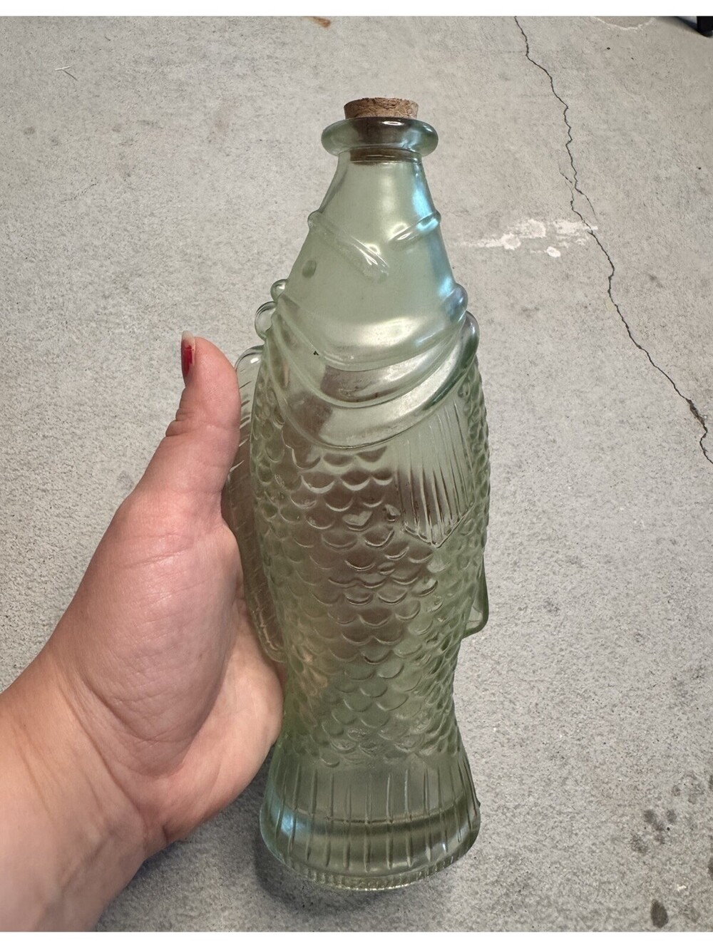 Fish-Shaped Green Glass Bottle with Cork Stopper, Approx 10 in Tall